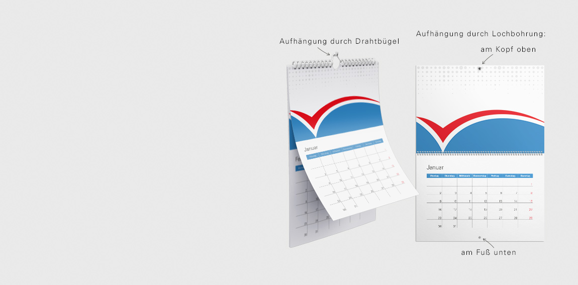 Wandkalender mit individueller Aufhängung – Kalender drucken mit Drahtbügel oder Lochbohrung
